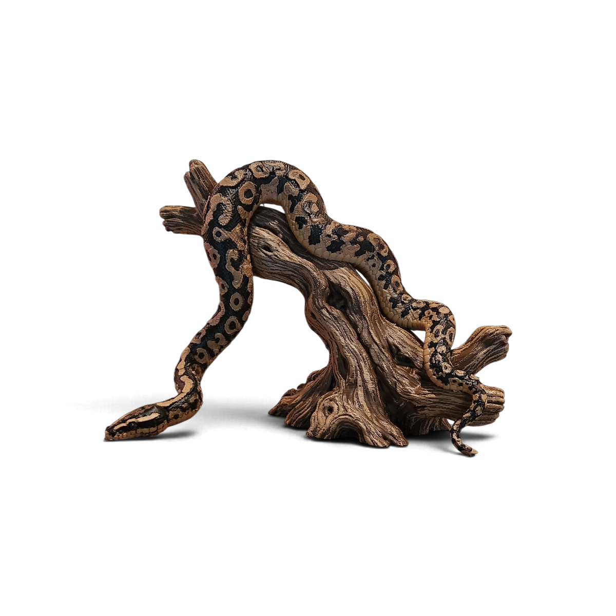 Tan and black patterned 3D-printed snake draped over a low wood-look branch stand
