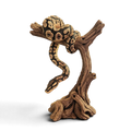 Tan and black patterned 3D-printed snake coiled over a tall wood-look branch stand