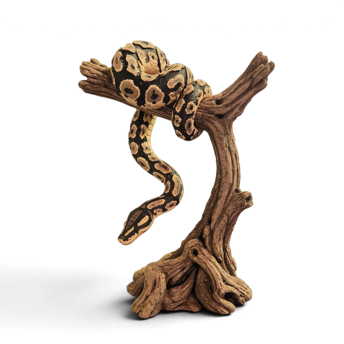 Tan and black patterned 3D-printed snake coiled over a tall wood-look branch stand