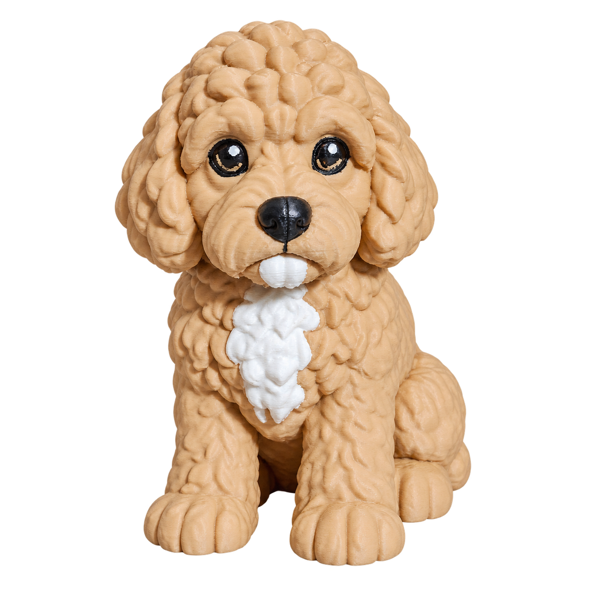 Tan curly-coated dog figurine with white chest, front view